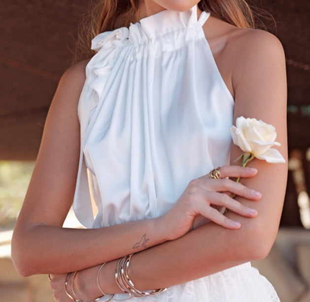 Top Satin Sleeveless Ruched Neckline White
