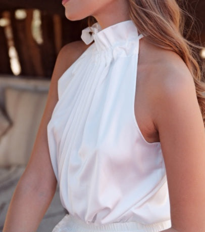 Top Satin Sleeveless Ruched Neckline White