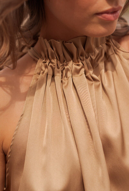 Top Satin Sleeveless Ruched Neckline Gold